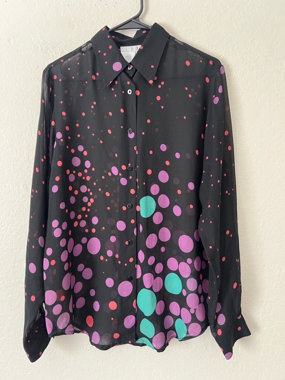 Like New! PIANO 100% Silk Sheer Black Button-Up Blouse Purple & Teal Dot Print M